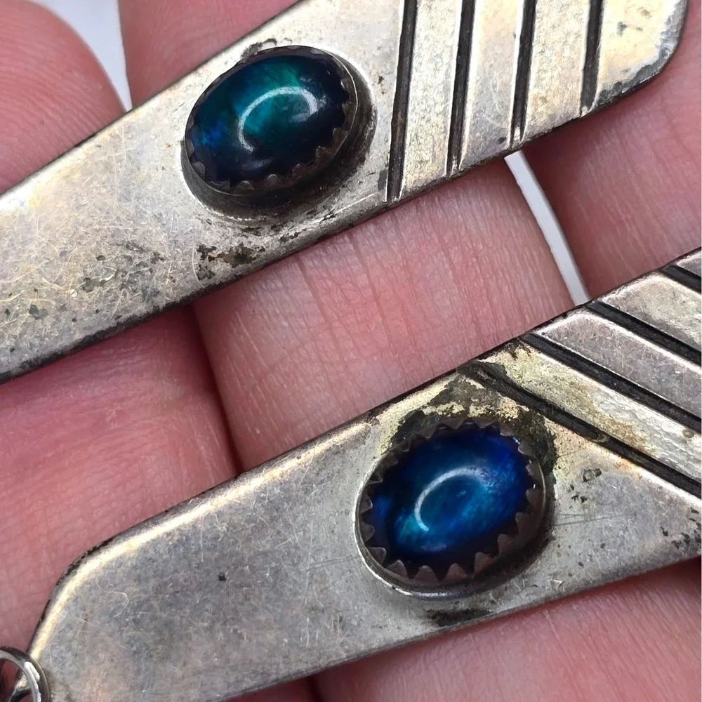 Vintage Gary Custer GSC Navajo Sterling Silver Opal Dangle Earrings Signed 8.3g